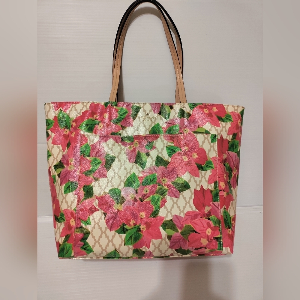 kate spade Pink Floral Tote with Cream Background and Tan Straps